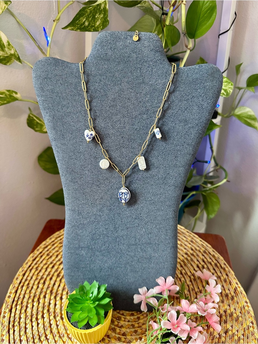 Stainless Steel Gold Chain Necklace with Blue & White Porcelain Charms-no brand-